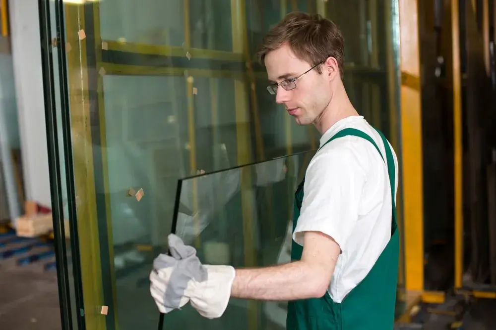 Glazier carrying a large sheet of glass