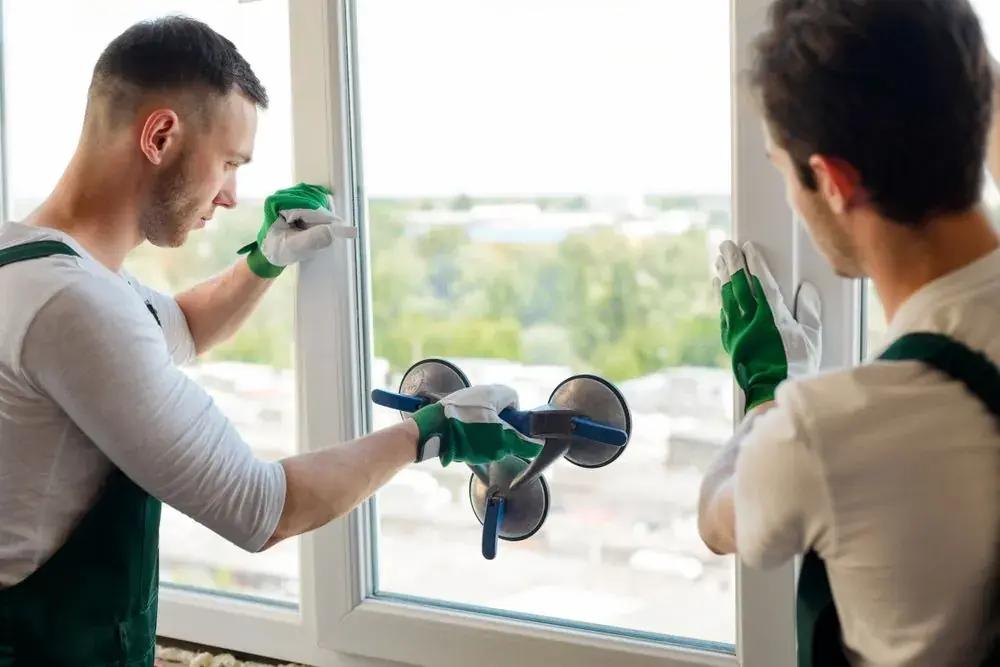 Two glaziers fitting replacement glass into a window frame