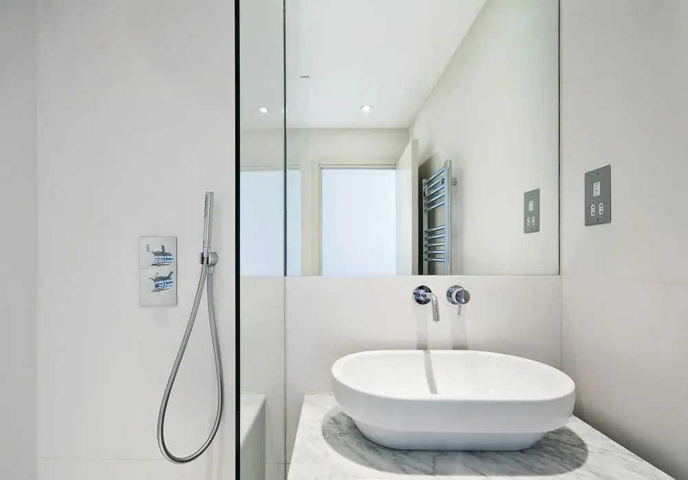 Glass shower enclosure and wall mirror in a bathroom