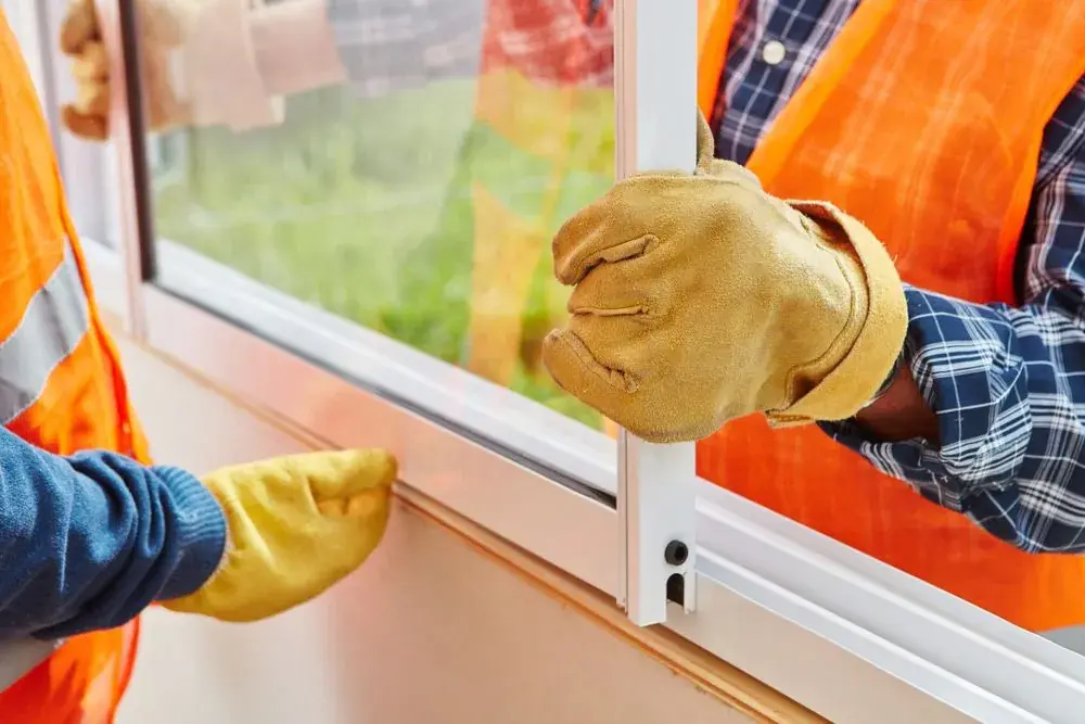 Tradespeople fitting a glass panel into an aluminium window frame
