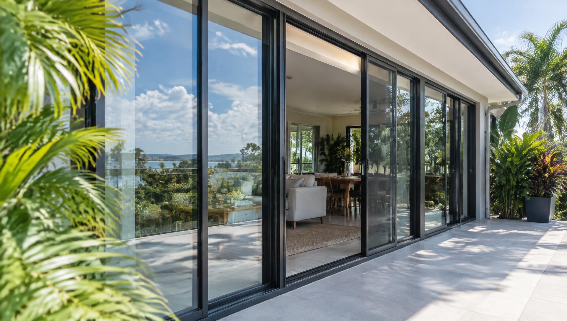 Wide aluminium framed sliding glass doors on a Queensland home glazed by Dreger Glass & Aluminium